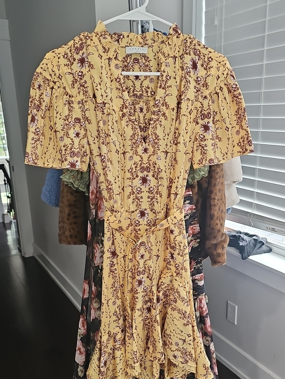 Yellow Floral Tie-Waist Midi Dress with Ruffle Details
